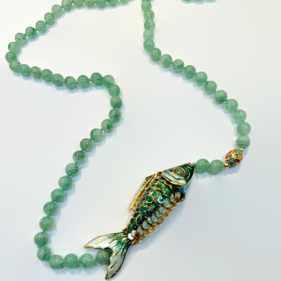 Vintage Jade Fish Necklace: Chinese Export, Cloisonné, Articulated Pendant, Big - Picture 3 of 6